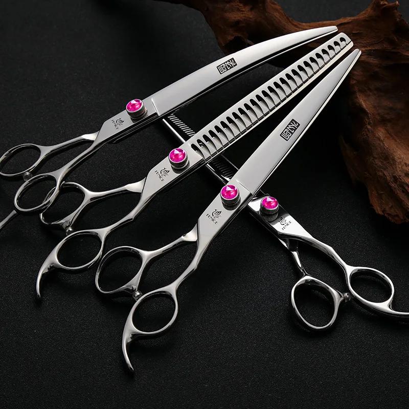 Fenice 7.0/7.5/8.0 inch JP440C Pet Hairdressing kit Rose Red Screw Straight/Curved/Thinner/Chunker for Dogs Grooming Trimming
