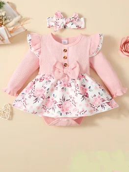2PCS Baby Girl Princess Romper Dress Long Sleeved Lovely Ribbed Floral Jumpsuit with Headband for Newborn Baby Girl 0-18 Months 1