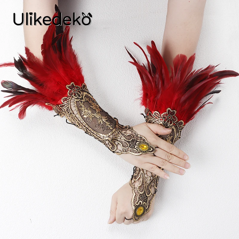 

Lace Embroidery Feather Cuffs Steampunk Gothic Gloves Women Feather Wrist Cuffs Showgirl Stage Pole Dance Wear Rave Accessories