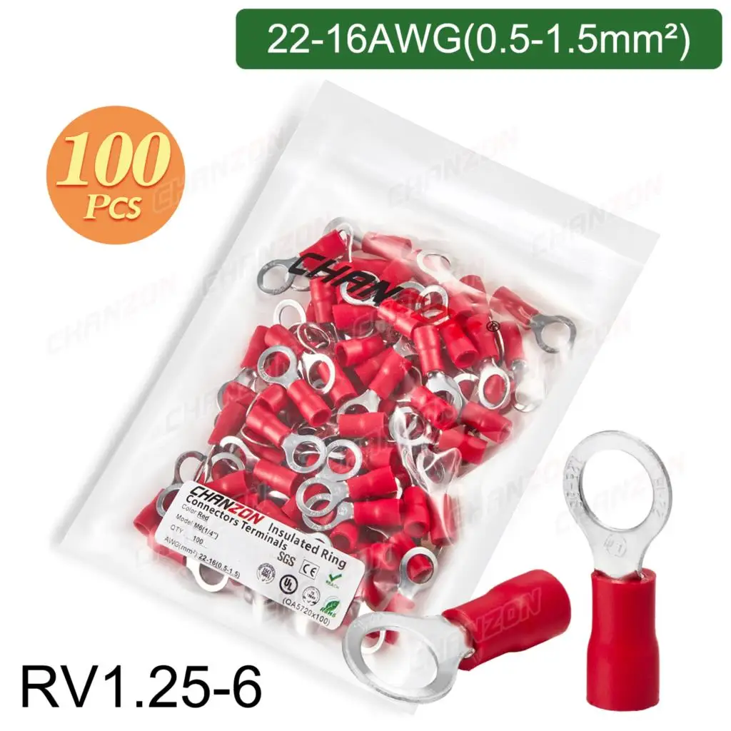 100PCS RV1.25-3 4 5 6 8 10 12 Insulated Ring Crimp Terminal Electrical