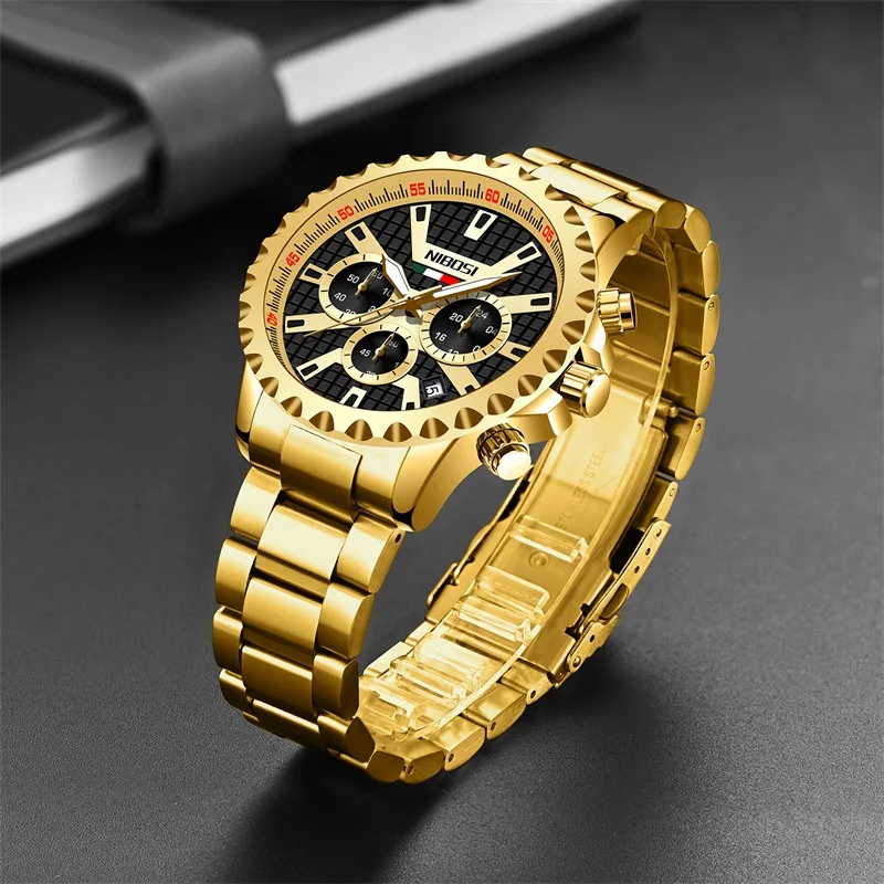 NIBOSI Mens Watches Top Brand Luxury Chronograph Quartz Watch for Men Gold Stainless Steel Strap Waterproof Luminous Wristwatch