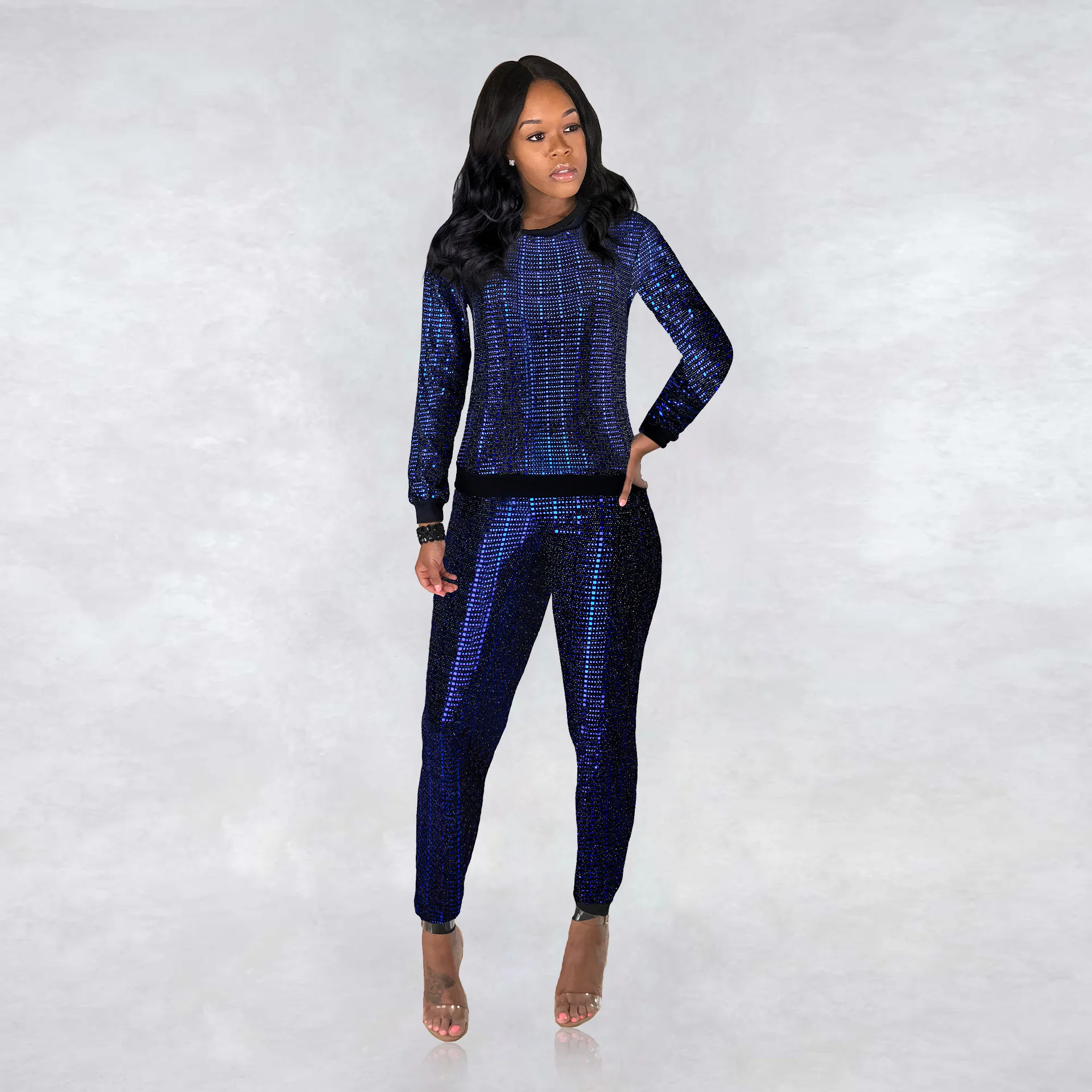 European and American nightclub women's fashion sexy sequins long sleeved women's set two-piece two piece sets womens outifits