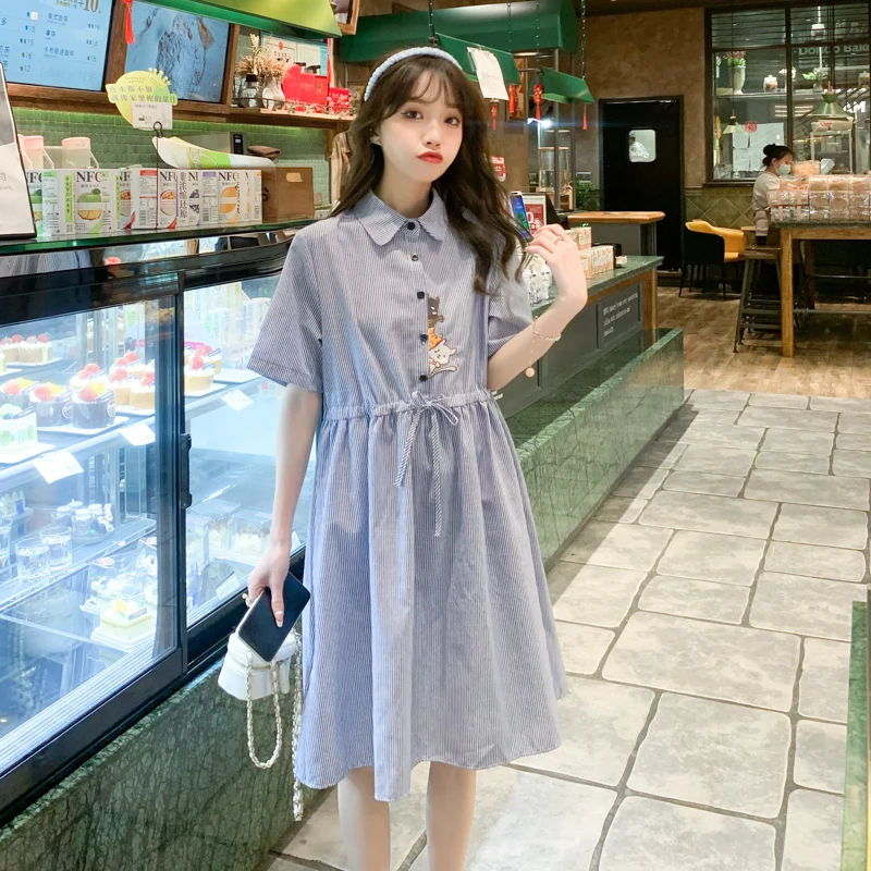 

Pregnant Women Summer Dress Button Fly Lactation Clothes Short Sleeve Turn-Down Collar Drawstring Maternity Cotton Linen Dresses