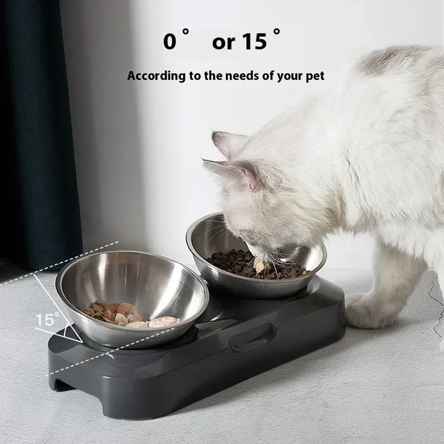 PETWAN Raised Cat Bowl Stainless Steel,Non-Slip Silicone Mat&Raised Cat Feeder with 15°&0°Tilting Neck Protective Bowl for Pets 5