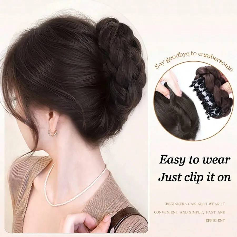 Elegant Synthetic Braided Chignon Hair With Claw Clip Fluffy Ponytail Hair Extensions Messy Curly Bun Hair For Women Daily Wear
