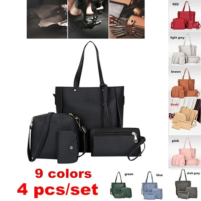 4pcs/set Ladies Leather Bag Set Polyester Shoulder Bag Handbag Messenger Bag Set 9 Colors 6