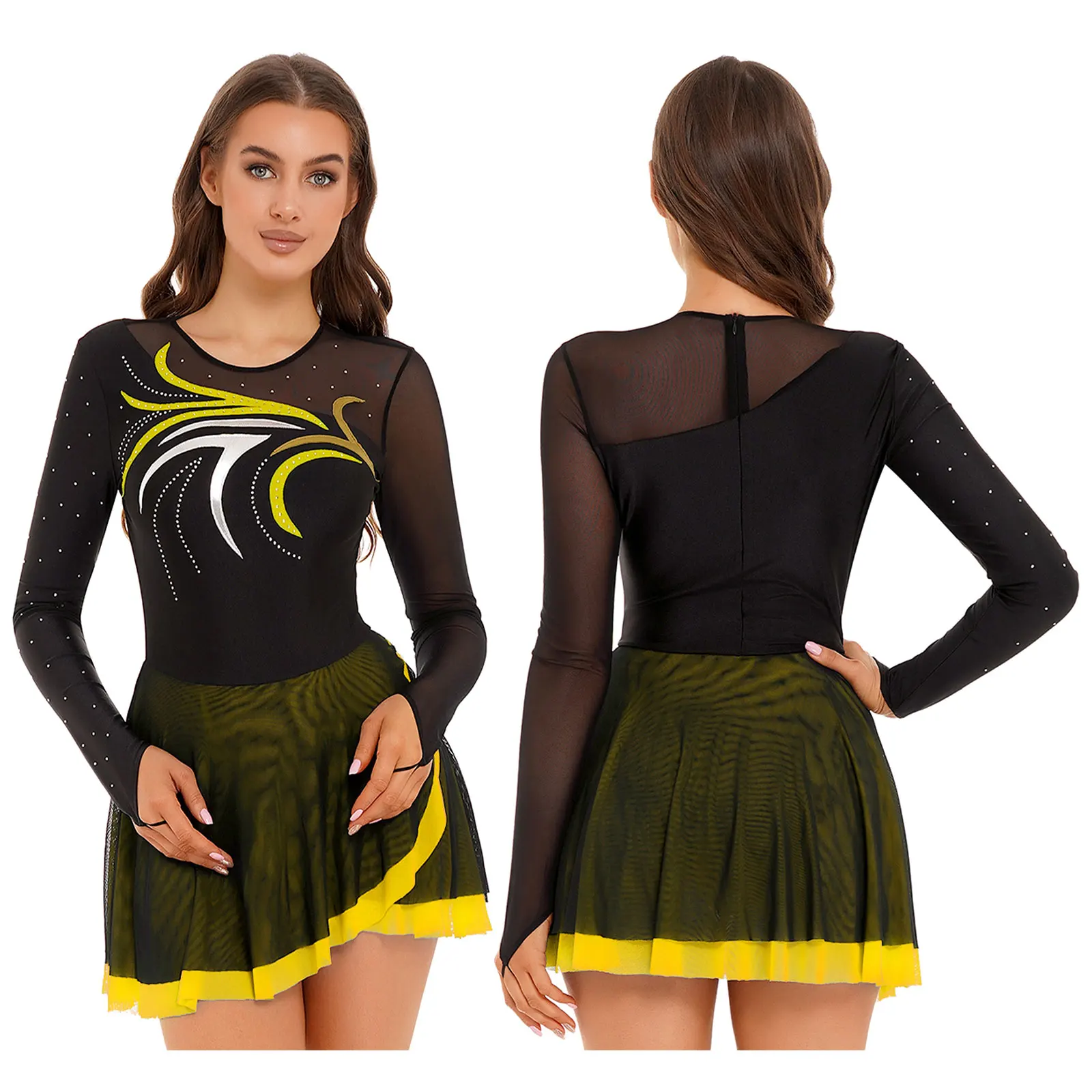 thumbnail image 1 of Traje de baile de patinaje artístico para mujer, vestido de baile con tutú de bailarina con cuello simulado, vestido de baile lírico de manga larga con diamantes de imitación brillantes, 1 of 5