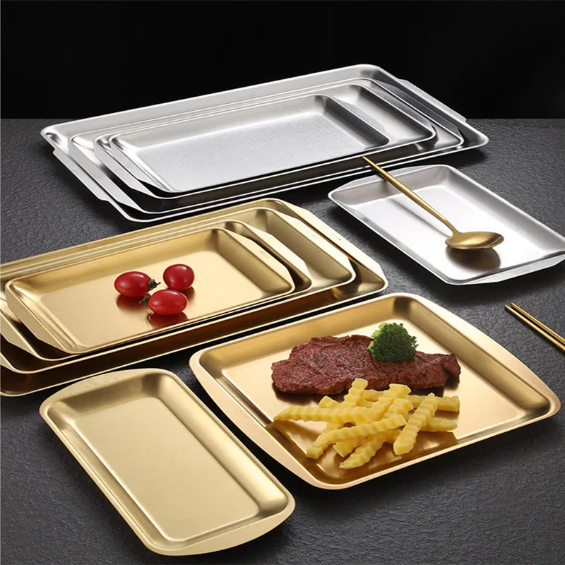 Thick Stainless Steel Gold Serving Plate Restaurant Fish BBQ Skewers Seafood Sushi Rectangular Large Flat Storage Tray |