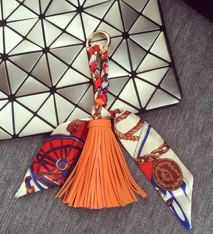 Fringed Leather & Silk Scarf-Inspired Bag Charm with Keychain