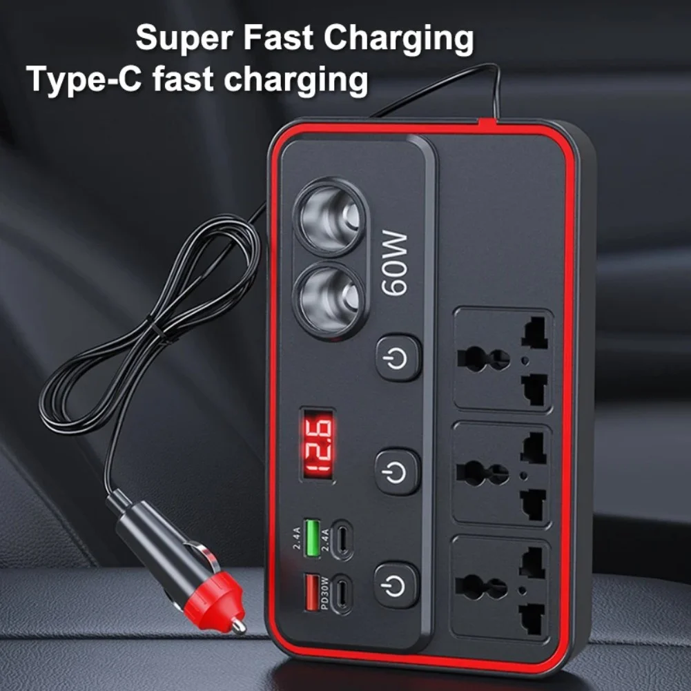 150W 차량용 인버터 12V 24V DC-220V AC 변환기 LED 전압 모니터 포함 3개 AC 포트, 2개 USB 포트, 2개 USB C 포트 (차량 내 사용)