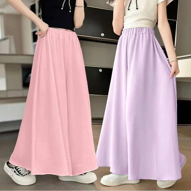 2025 GREEN summer Teenager Girls Children ice silk wide leg loose dance retro Pants 5 8 10 12 14 Years Baby Trousers Kids 2