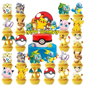 Pokemon Cake Topper、Cupcake Toppers，Pikachu Birthday Decoration Theme Party Supplies,Birthday Cake Decorations