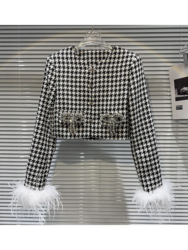 

HIGH STREET Newest 2024 Fashion Designer Jacket Women's Ostrich Hair Sleeves Rhinestone Bowknot Thousand Bird Plaid Tweed Jacket