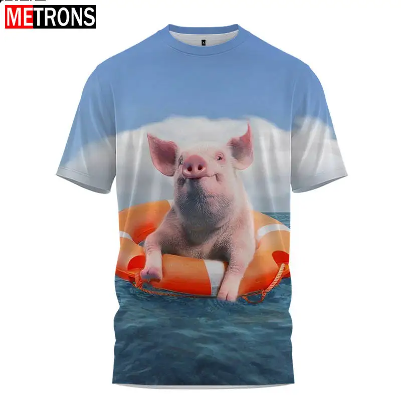 

2023 Summer New Couple Style Short Sleeve Cute Piggy 3D Digital Print Men's and Women's Street Casual Style Round Neck Top