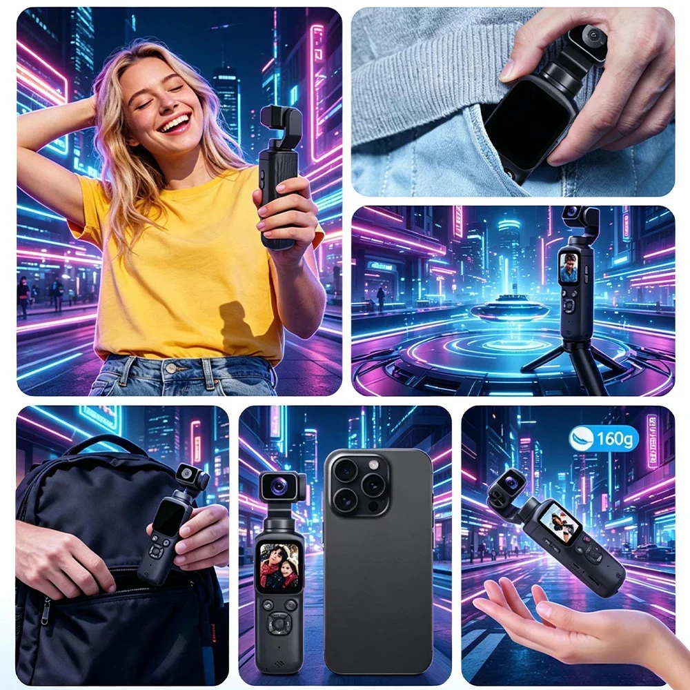 4K 액션 카메라 330 ° 얼굴 추적 짐벌 스테빌라이저 75MP 픽셀 WiFi 기능 포켓 짐벌 카메라 (브이로그용)