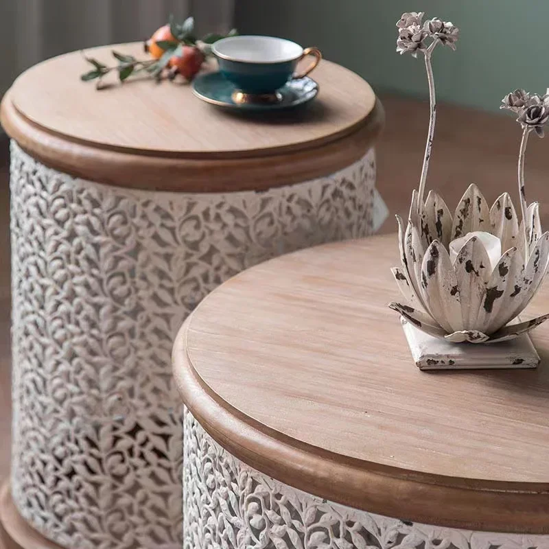 Living room American-style white carved hollow-out small coffee table pine wood round table with iron base sofa