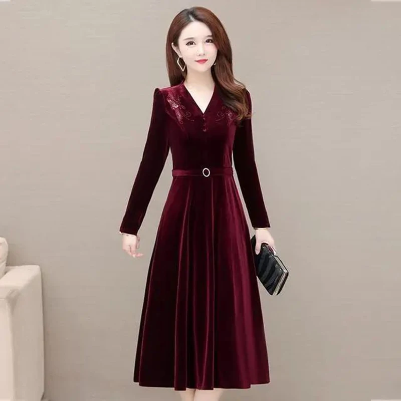 

Spring Autumn Glod Velvet Casual Dress Women Jacquard Patchwork Midi Dress Office Lady Vintage Long Sleeve Elegant Dress A-Line