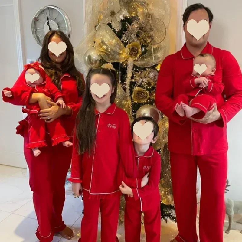 thumbnail image 4 of Conjunto de ropa familiar navideña para padres e hijos, pijamas de seda de imitación de satén de color rojo sólido de otoño, conjuntos a juego para madre e hijo 2023, 4 of 5