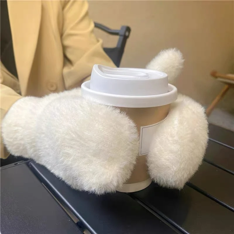 Cute Plush Fingerless Gloves Winter Thicken Warm Soft Fluffy Windproof High Quality Imitation Wool Solid Color Gloves for Women girl hot mittens fluffy women multi color soft claw plush bear paw winter fingerless gloves