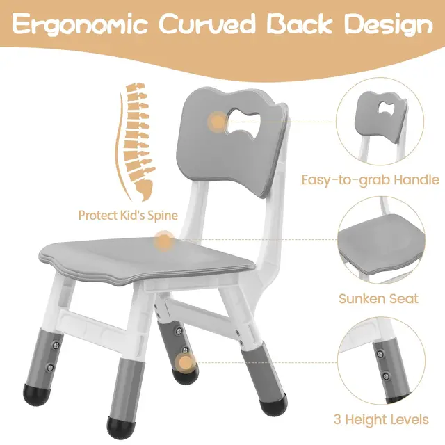 Chairs 2 Pack, 3 Level Height Adjustable Toddler Chairs for Children Boys Girls Age 2-6, Plastic Kids Chair for Home Family Classroom Nursery, Grey