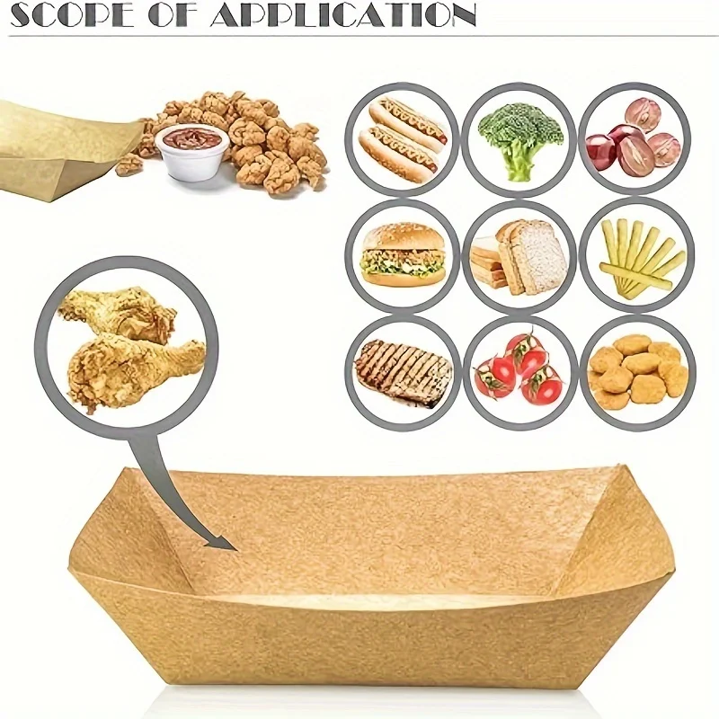 100PCS Kraft Paper Food Tray, Paper Food Boats, Disposable Brown Kraft Snack Trays,Charcuterie BBQ Boat,Oil And Water Resistant Foo_d Serving Boats ,Birthday Wedding Picnic BBQ Party Dining Pap_er Bowl