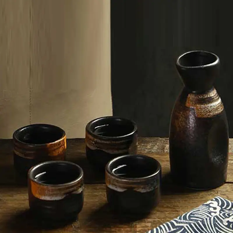 

Retro Japanese Sake Set, Ceramic Flagon Liquor Cup, 1 Pot, 4 Cups, Home Bar, White Wine Pot, Creative Drinkware Gifts, 5Pcs