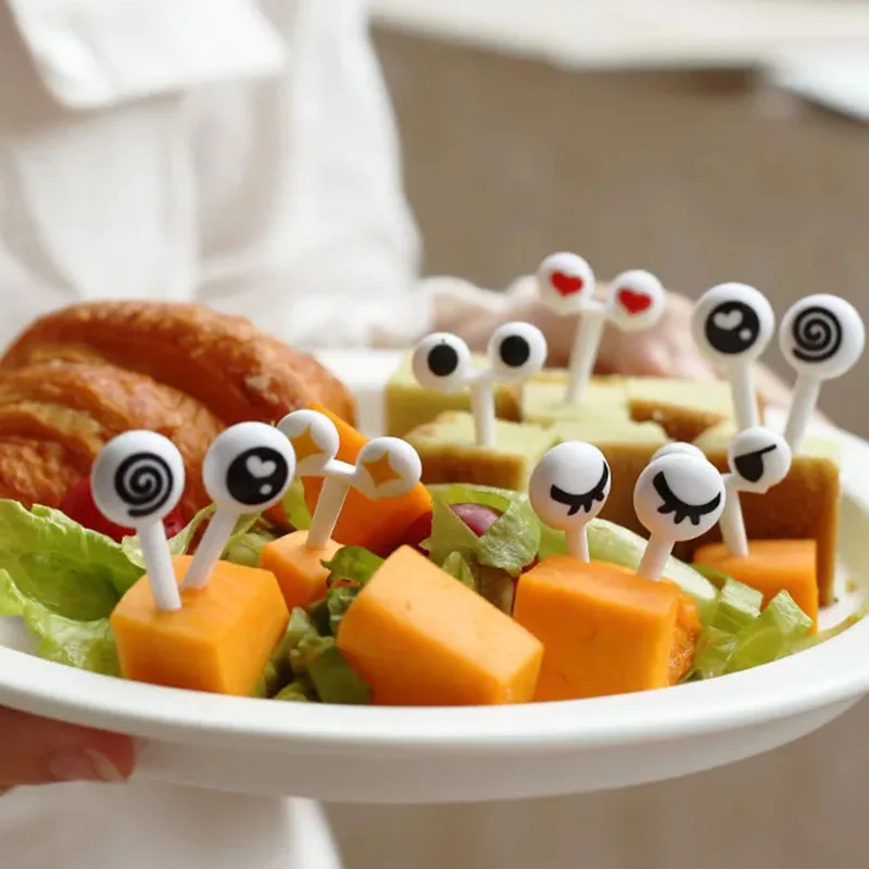 10Pcs/Set Mini Skewers Cute Cartoon Eyes Kawaii Lunch Bento Box Food Fruit Picks Fork Sticks Buffet Sandwich Toppers Decor Fork Food Picks