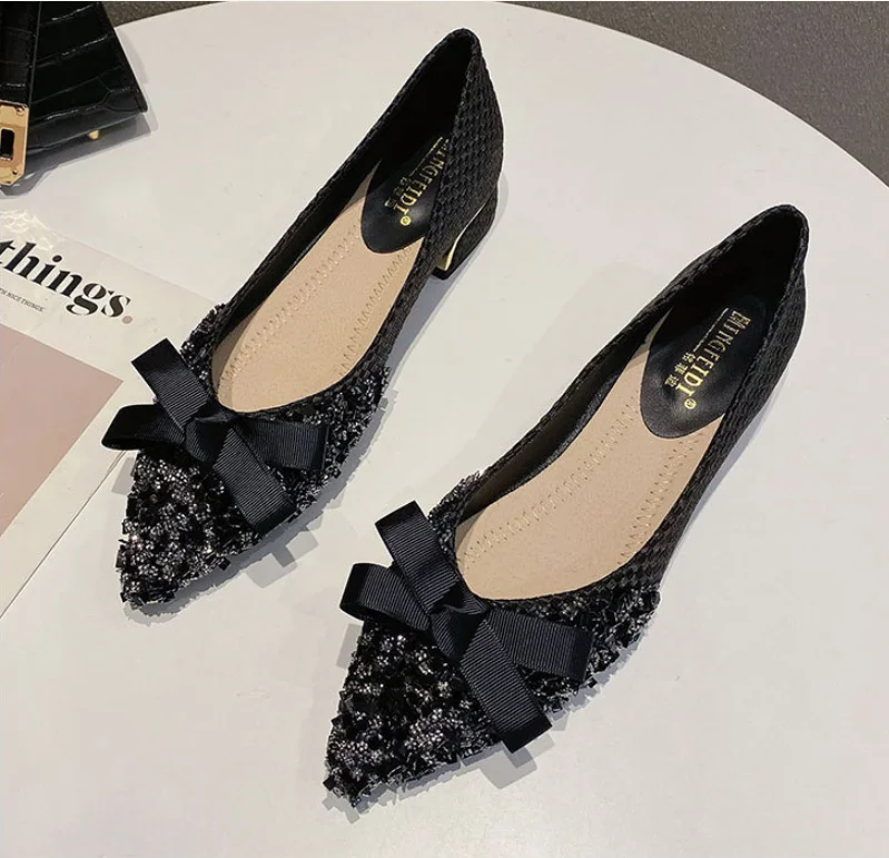 Glitter Bow Flats Women Autumn Large Size 42/43 Shoes Female Sequins Beaded Ballerina Loafers Women Lace-Bowknot Moccasins