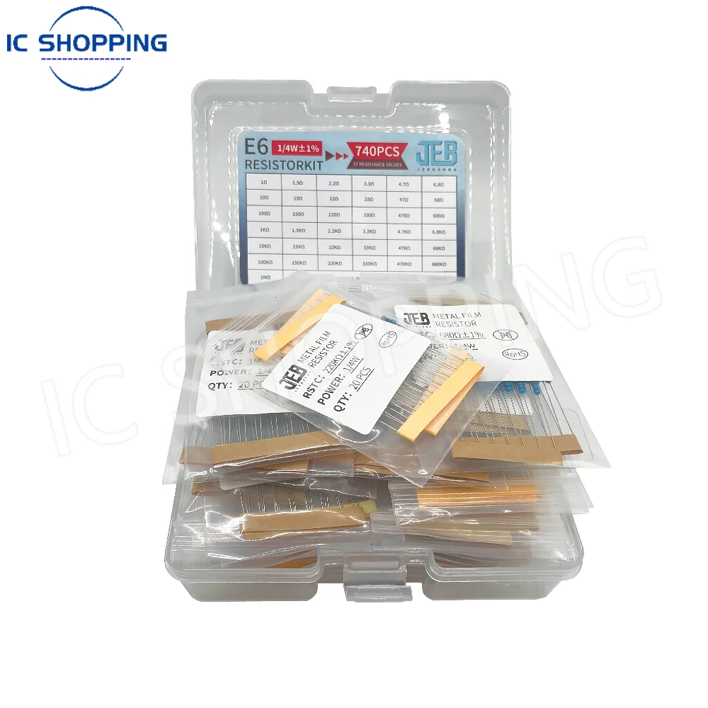 Metal Film Resistors 740PCS 1/4W Resistor Kit 37 Values 1&Omega;~1M&Omega; 0.25W 1% 5%