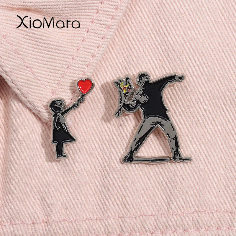 Banksy Art Enamel Pin Flower Thrower Girl With Balloon Always Hope Brooch Lapel Backpack Badge Jewelry Gift For Friends