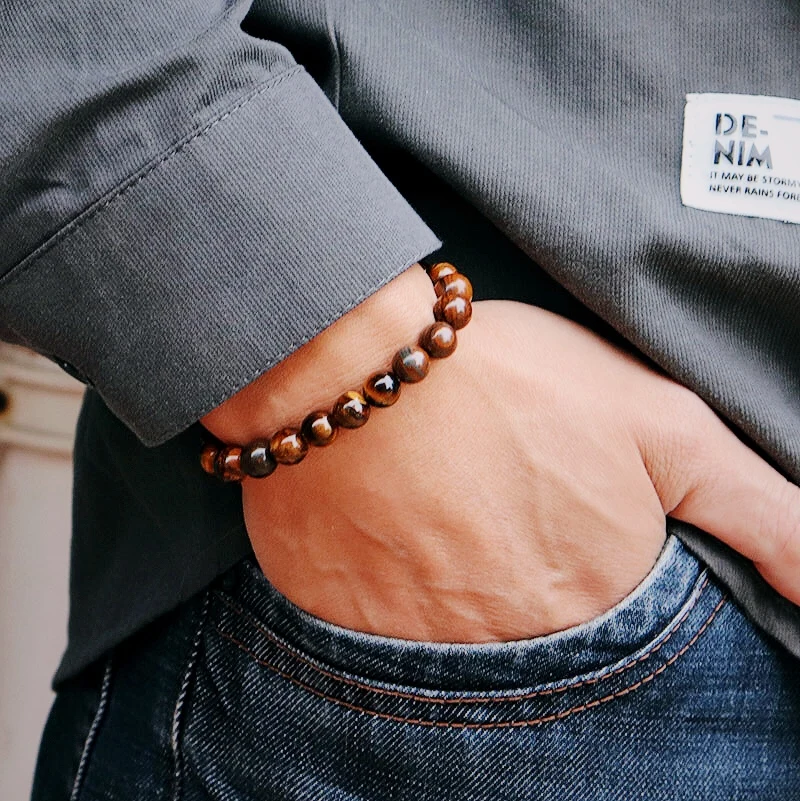 Brown Tiger Eye Men Bracelet Natural Stone Yoga Bangle