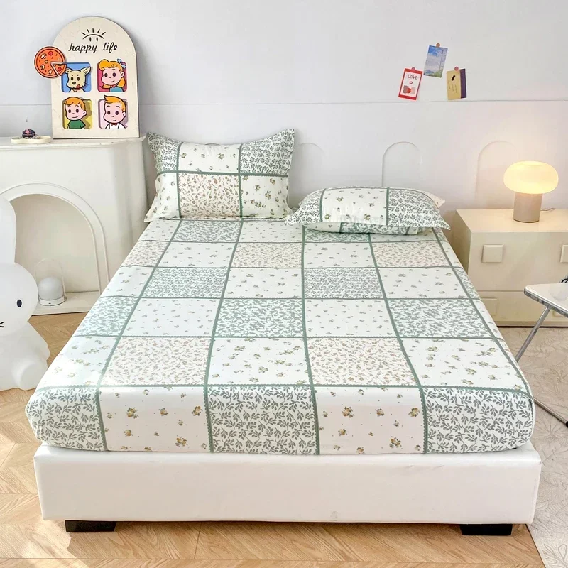 Floral Patchwork Fitted Sheet Twin Queen Size 100% Cotton Green Plaid Deep Pocket Sheet 3Pcs Shabby Chic Botanical Bed Sheet Set 1
