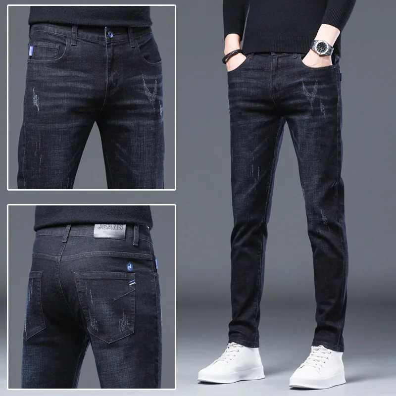 

Men Jeans New Joker Slim Feet Denim Trousers Multiple Pockets Stretch Pencil Pants
