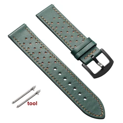 Vintage Handmade Leather Watch Strap - Quick Release, Breathable, Sport Design, Black & Brown, with Pin Buckle - 22mm (Green - Black)