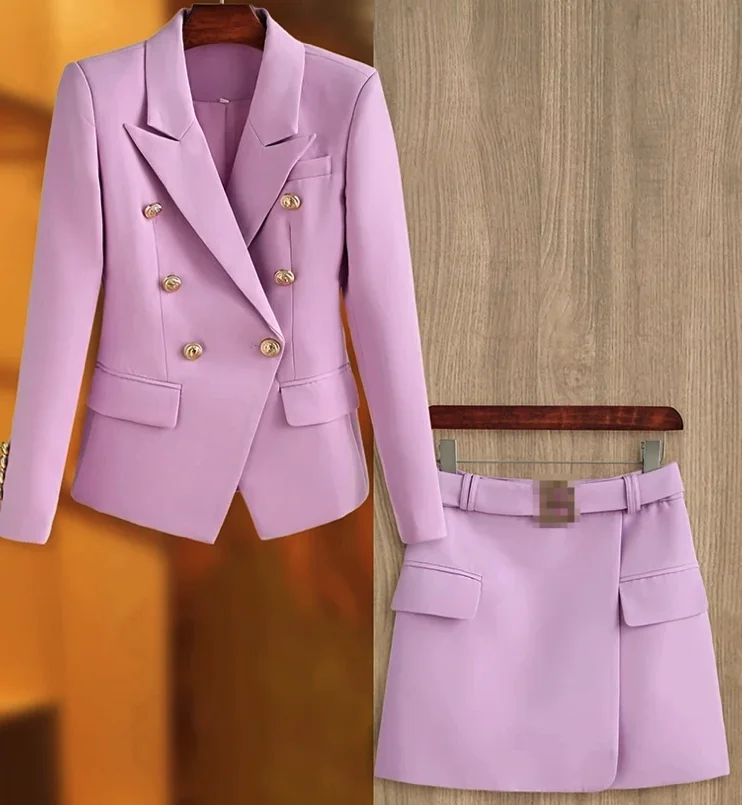Harley Fashion Gorgeous Design Women 2PCS Blazer Suits Solid Color Summer Blue Skirt Twin Sets Mini Street Clothing for Lady