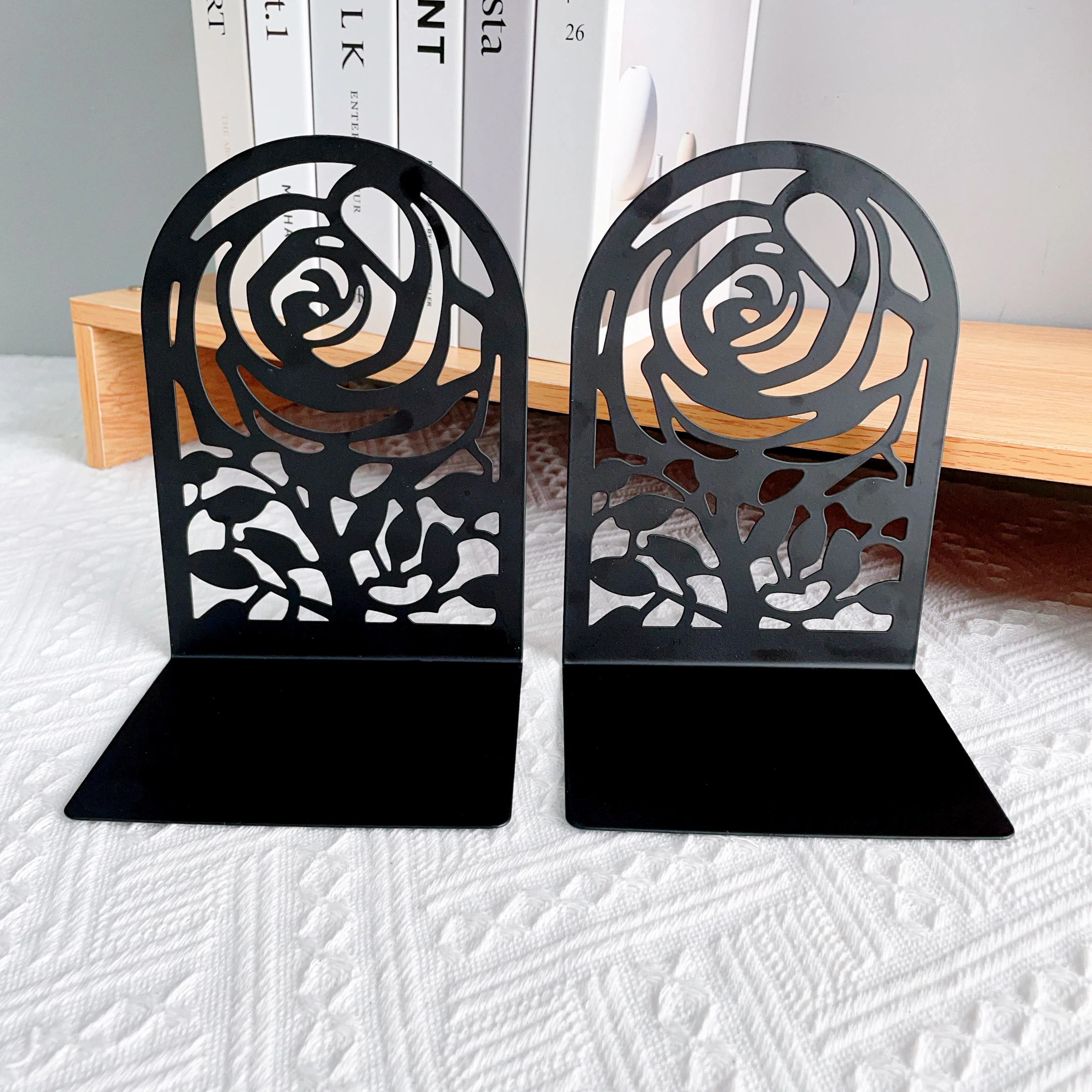 Rose Metal Book Ends -Black L Shaped Book Stand Holder for Home Office Desk, Creative Gift for Dads and Loved Ones 5
