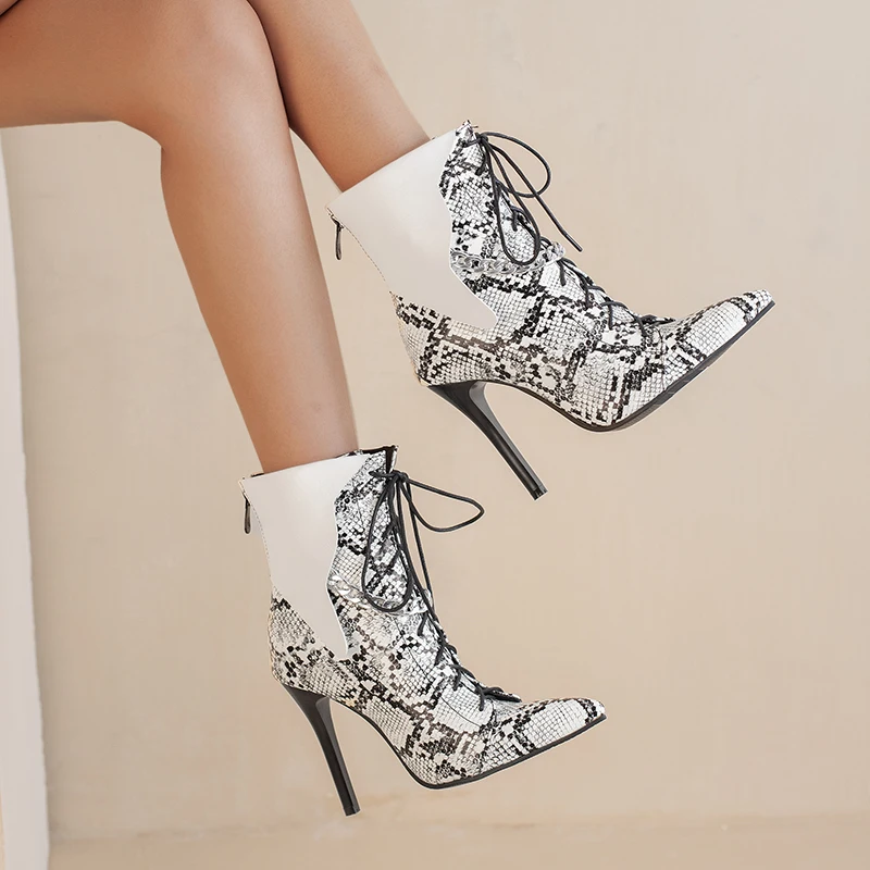 2022 New High Heels Boots Women Pointed Toe Stiletto Booties Sexy Fashion Chain Decorate Patchwork Lace Up Men Shoes Big Size 48
