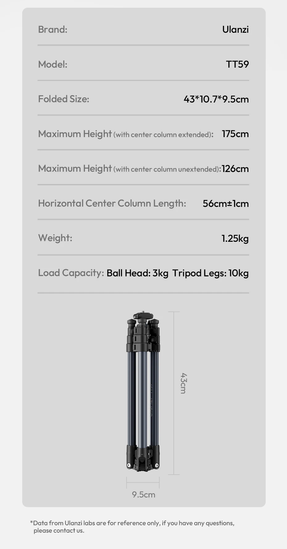 TT59 Horizontal Center Column Tripod 0.1-1.75M for DSLR Camera Video Light for O
