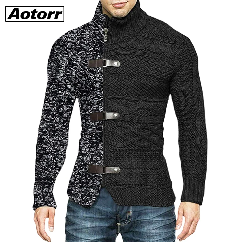 

Turtleneck Cardigan Mens Sweater Autumn Winter Patchwork Jacket Vintage Male Knit Sweater Coat Zipper Knitted Sweater Slim Tops