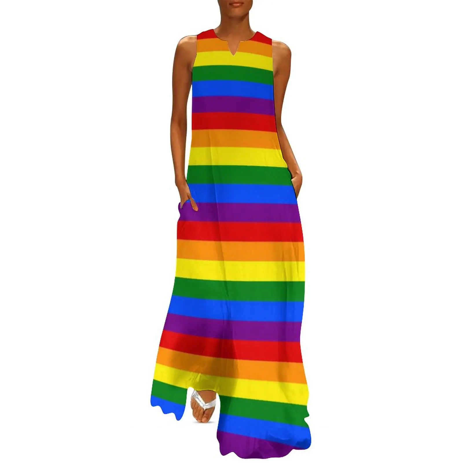 

Colorful Rainbow Flag Dress Gay Pride LGBT Modern Print Kawaii Maxi Dress V Neck Beach Long Dresses Aesthetic Oversized Vestido