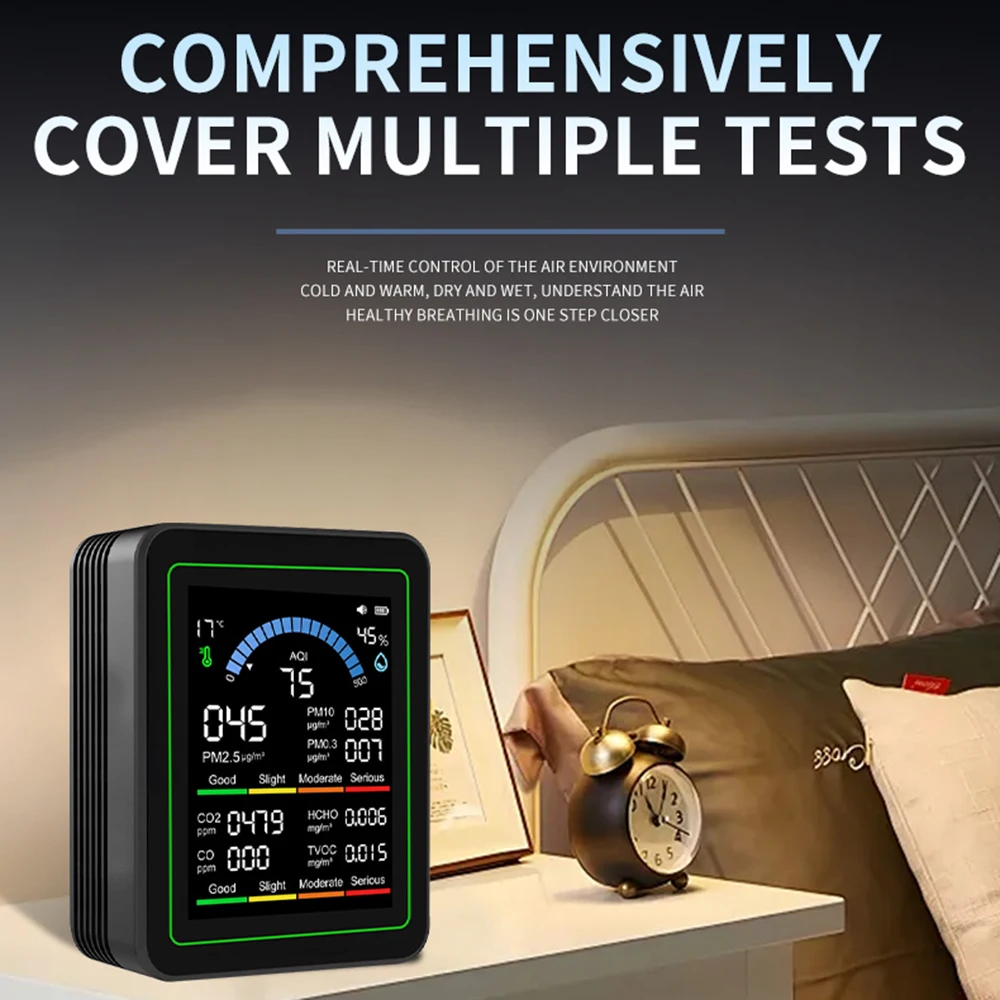 home Newly upgraded 10-in-1 air detector with 24-hour battery life PM2.5 formaldehyde TVOC temperature and humidity CO2 detector