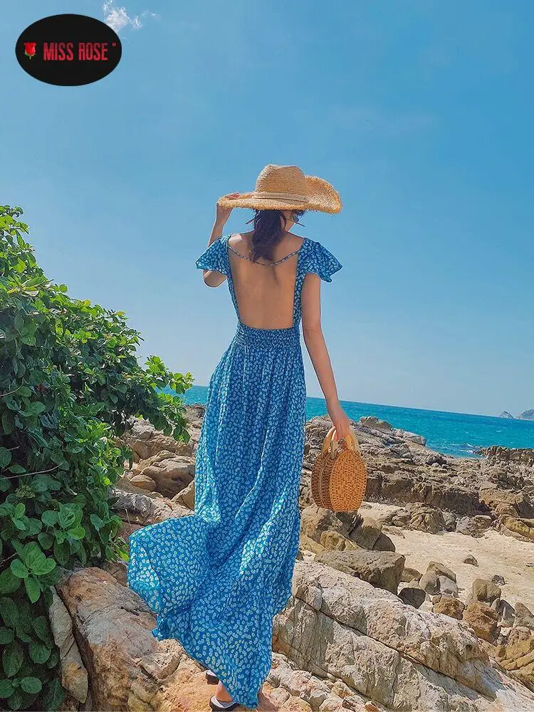 

Women Beach Party Dresses Lady Boho Blue Tropical Floral Print Shorts Sleeve Summer Dress Travelling Honeymoon Date Vestidos