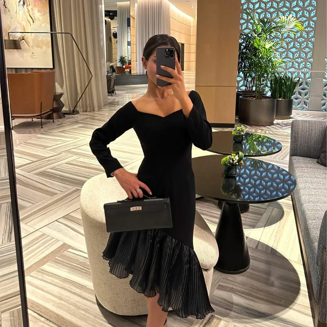

Женское вечернее платье-русалка, элегантное короткое черное платье из крепа длиной ниже колена с длинным рукавом