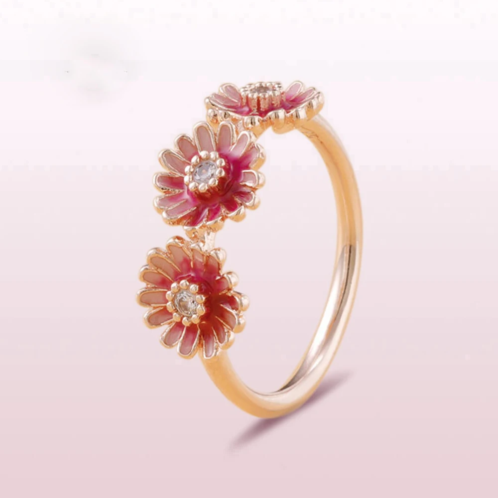Pandora Moments Collection Pink Daisy Flower Trio Ring Rose Gold Plated ...
