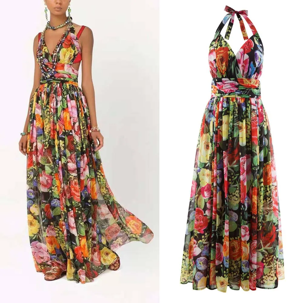 

2022 Summer New Fashion Suspender Bra Open Back Chiffon Temperament Celebrity Princess Style Long Women's Dress