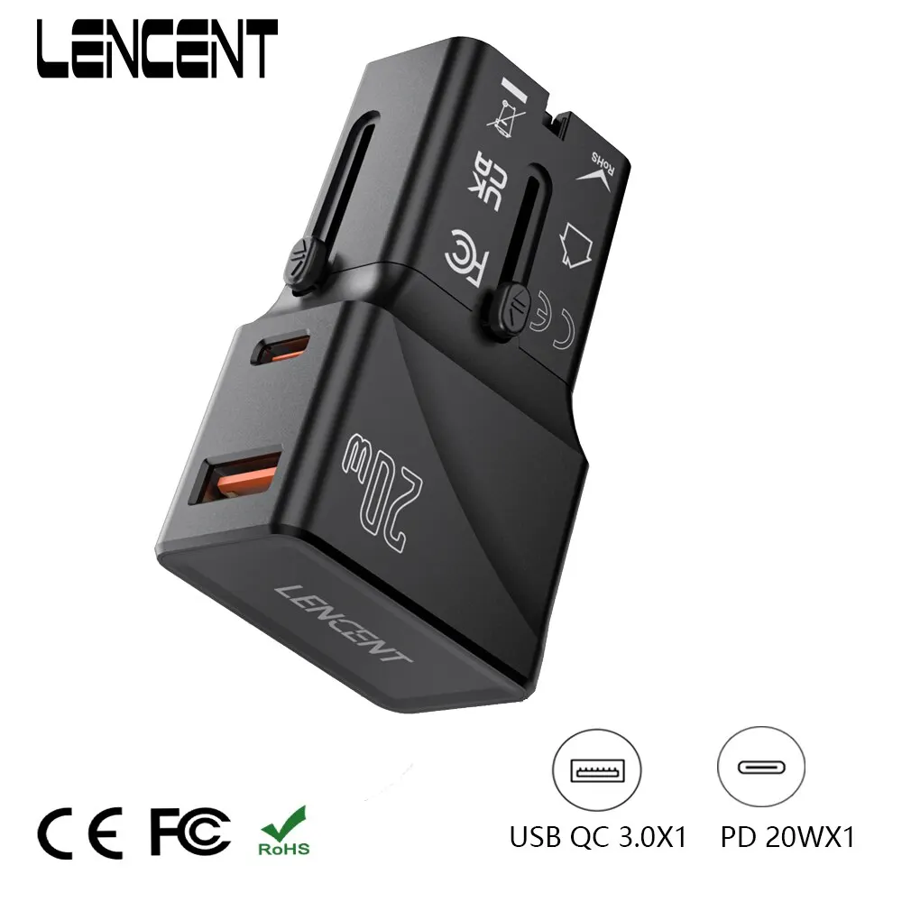  LENCENT Universal Travel Adapter With1 USB QC 3.0 Port and 1 PD 20W Type C Fast Charger Power Adapter for US EU UK AUS Travel 