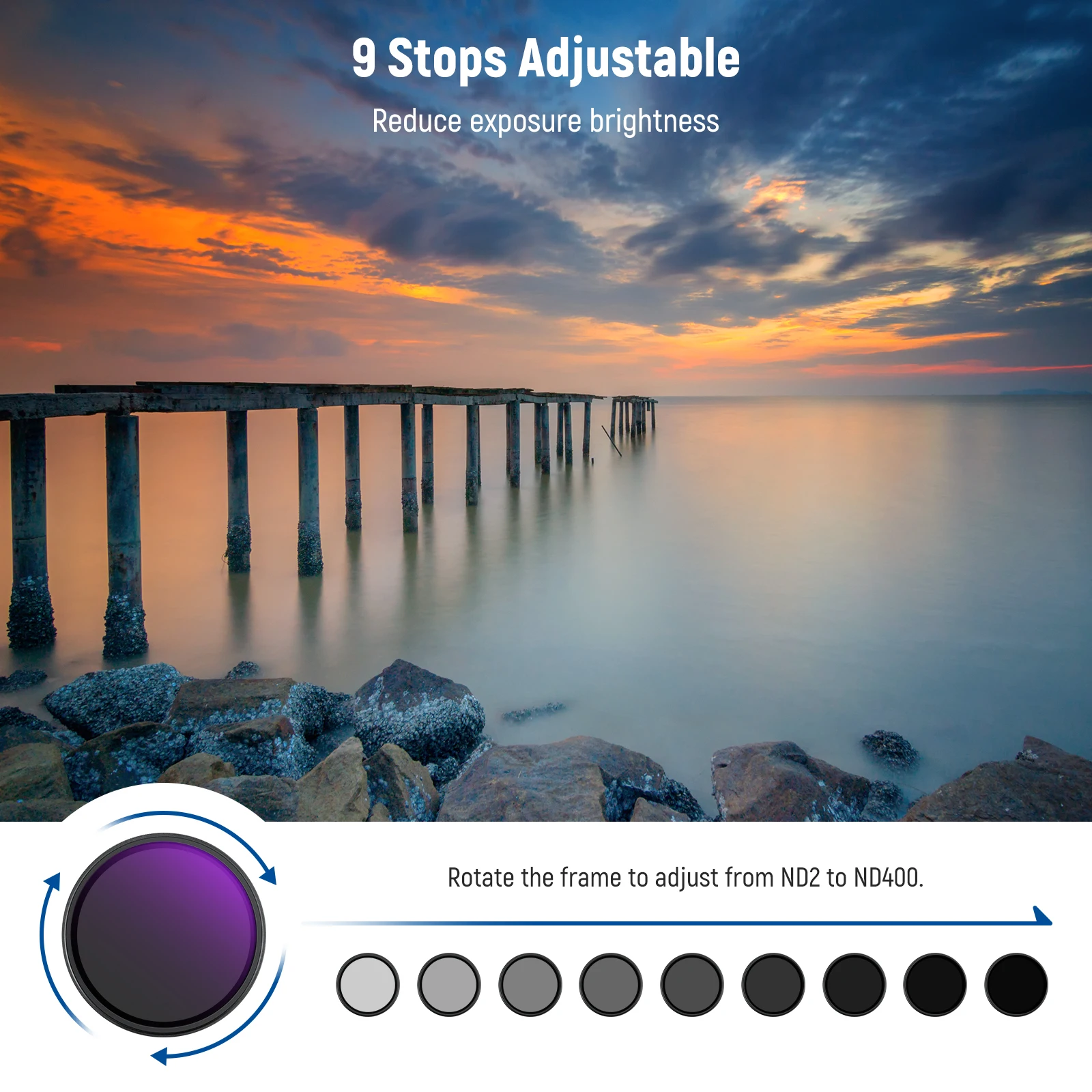 NEEWER 67mm ND2-400 Variable ND Filter with Lens Cap, Lanyard, Cleaning Cloth, Precise Neutral Density Adjustment Optical Glass 3
