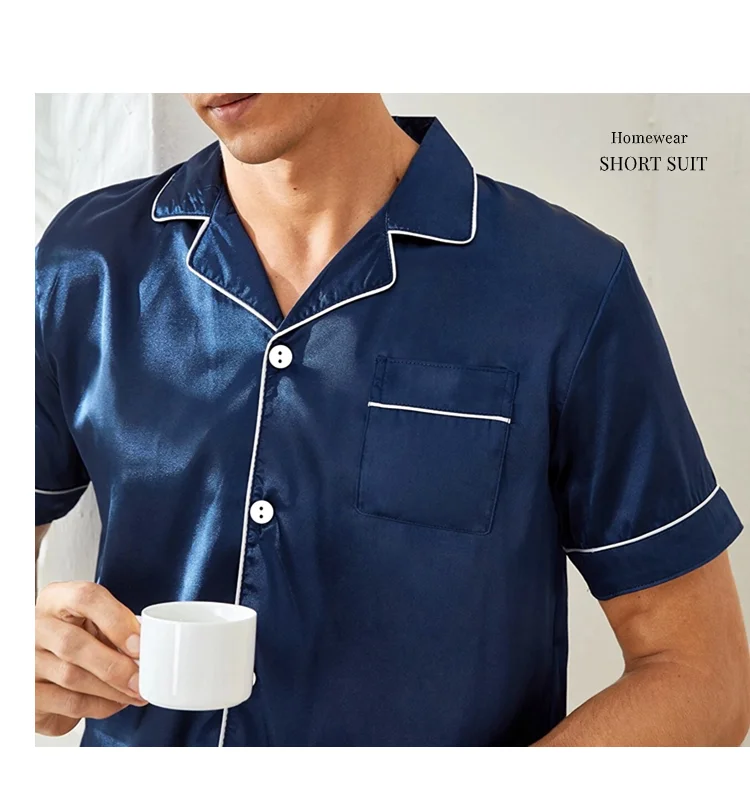 Zweiteiliges Herren-Pyjama-Set aus Satin, lässig, bequem, Pyjama, Knopftasche, kurzärmliges Hemd mit Shorts, Pyjama-Nachtwäsche für Herren – Detail 7