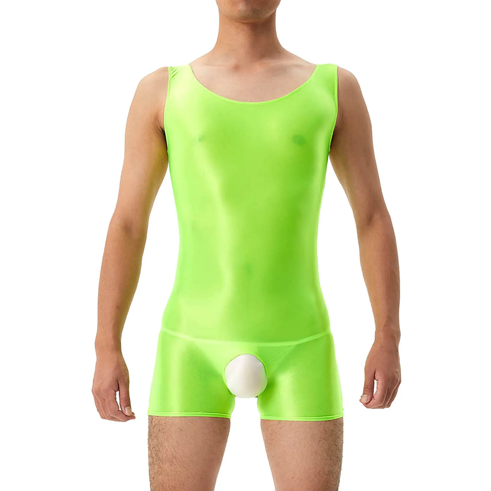 

Mens Transparent Sexy Crotchless Sleeveless Bodysuit Solid Bodycon Leotard Catsuit Jumpsuit for Pool Party Clubwear Beachwear