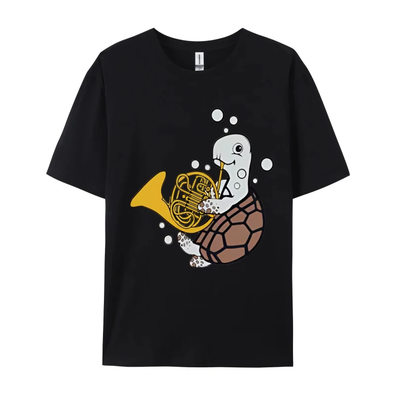 FrenchHornPlayerMusicSeaTurtleFr Tops Shirts 2024 Hot Sale Round Neck T-Shirt Camisa Short Sleeve All Cotton Male Sweatshirts FrenchHornPlayerMusicSeaTurtleFr black